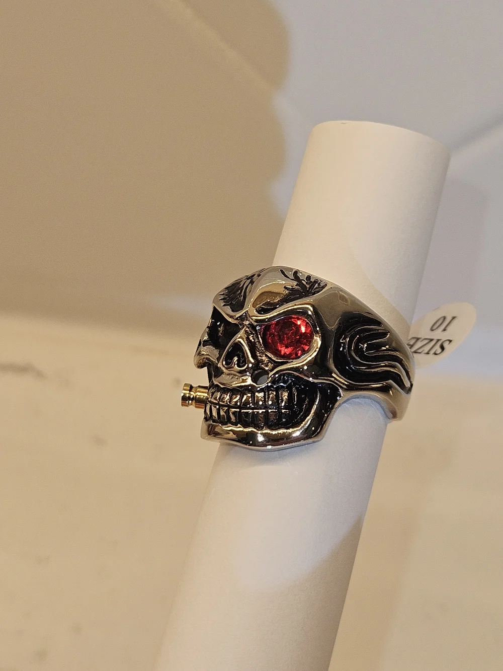 Silver Skull Ring with Red Eye and Black Accents - Men's Accessory